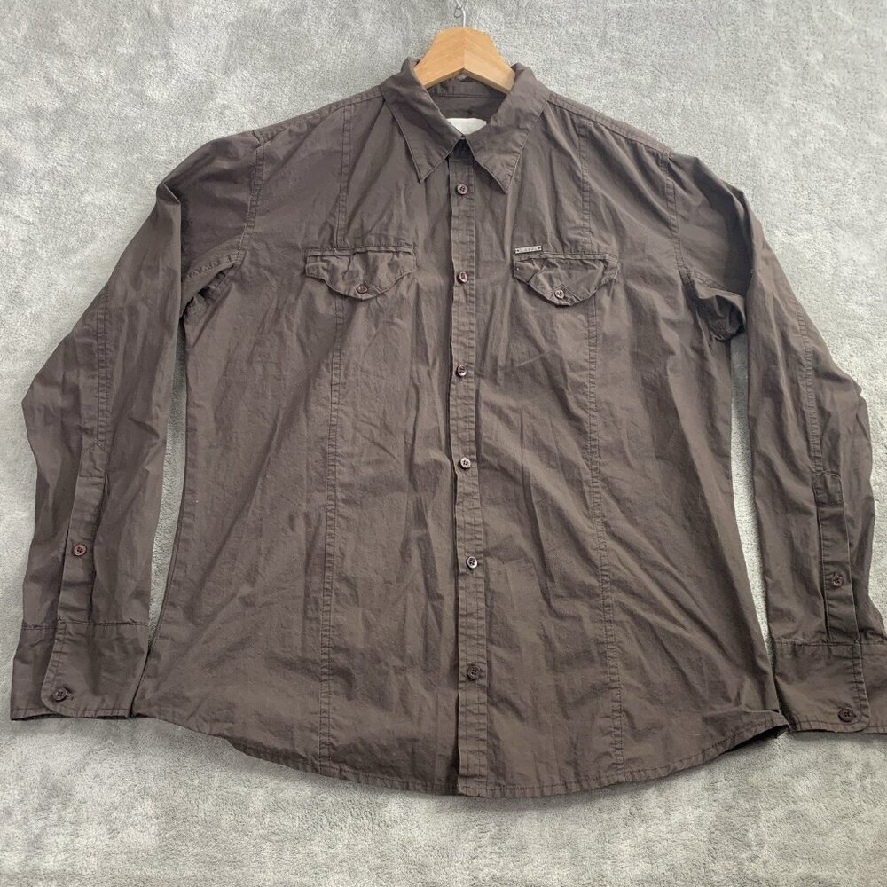 Diesel Shirt Men's XL Back Embroidery Brown Button-Up Casual Cotton Long Sleeve